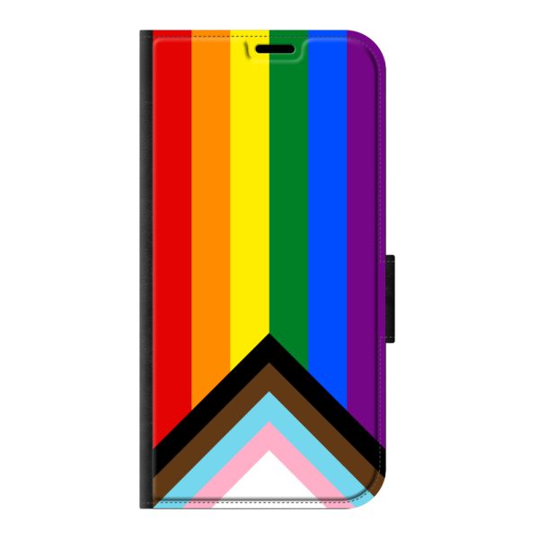 Voorkant bedrukt iPhone 15 Pro portemonnee hoesje met Regenboog Vlag - Progress Pride Vlag