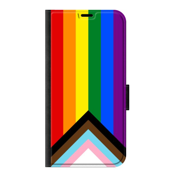 Voorkant bedrukt iPhone 16 Plus portemonnee hoesje met Regenboog Vlag - Progress Pride Vlag