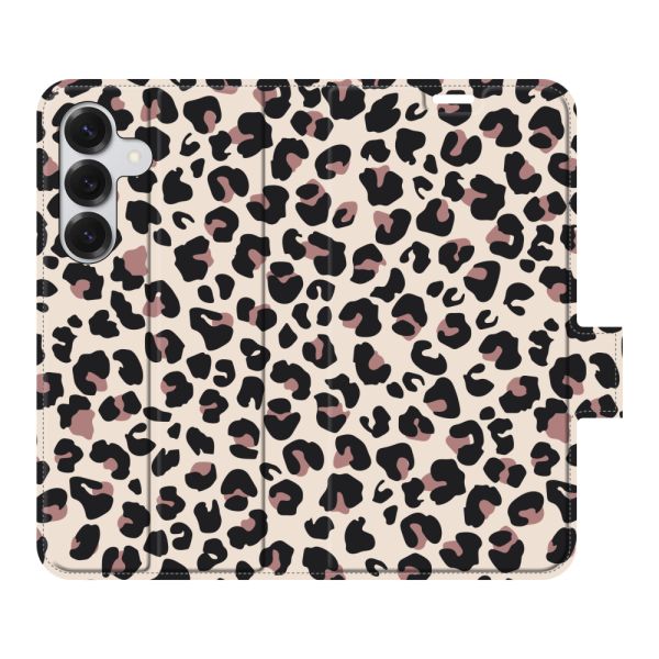 Funda cartera Samsung Galaxy S25 totalmente impresa con Estampado pantera - Estampado leopardo Beige Rosa