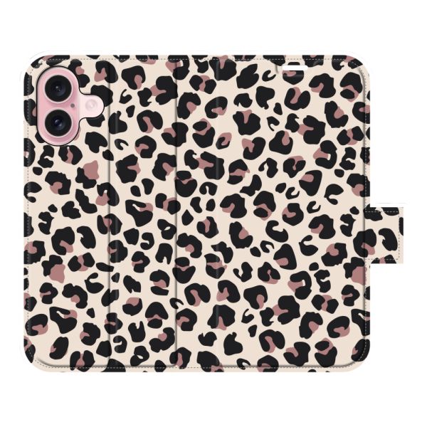 Funda cartera iPhone 16 totalmente impresa con Estampado pantera - Estampado leopardo Beige Rosa