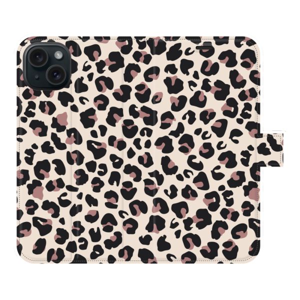 Volledig bedrukt iPhone 15 Plus portemonnee hoesje met Panterprint - Luipaardprint Beige Roze