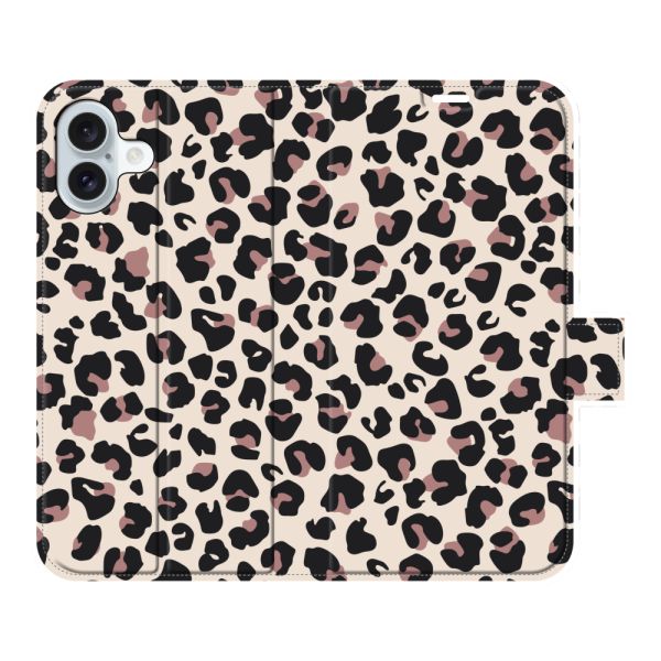 Volledig bedrukt iPhone 16 Plus portemonnee hoesje met Panterprint - Luipaardprint Beige Roze