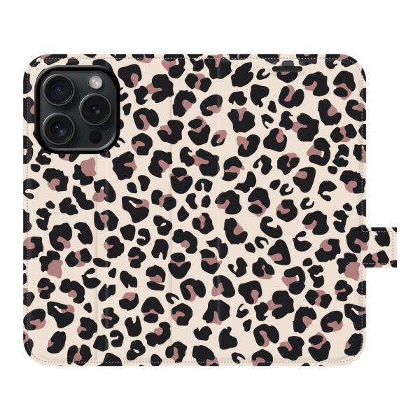 Funda cartera iPhone 15 Pro totalmente impresa con Estampado pantera - Estampado leopardo Beige Rosa