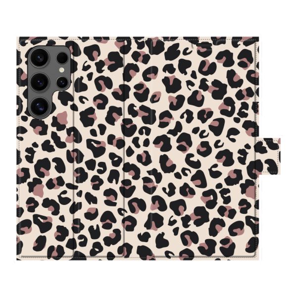 Volledig bedrukt Samsung Galaxy S24 Ultra portemonnee hoesje met Panterprint - Luipaardprint Beige Roze