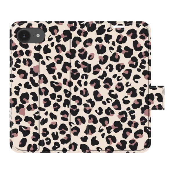 Vollständig bedrucktes iPhone 16e / 17e Portemonnaie-Case mit Pantherdruck - Leopardenmuster Beige Rosa