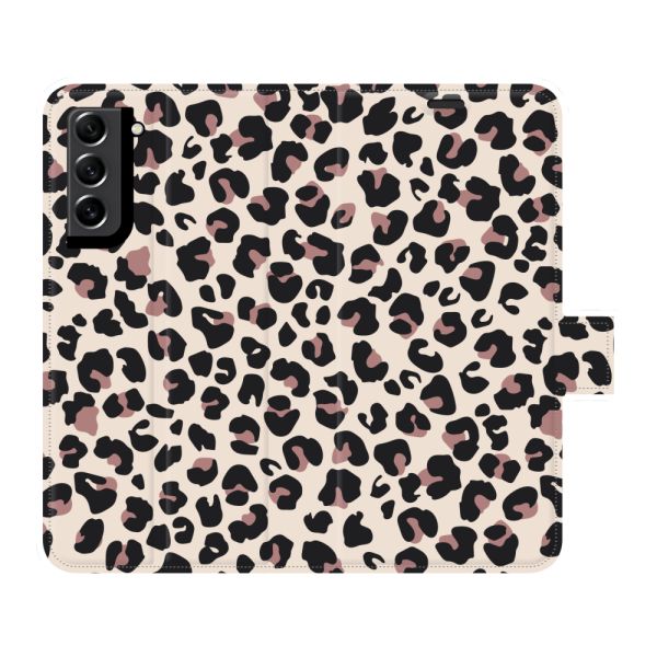 Volledig bedrukt Samsung Galaxy S21 5G portemonnee hoesje met Panterprint - Luipaardprint Beige Roze