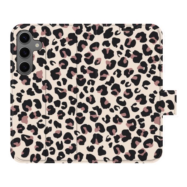 Volledig bedrukt Samsung Galaxy S24 portemonnee hoesje met Panterprint - Luipaardprint Beige Roze