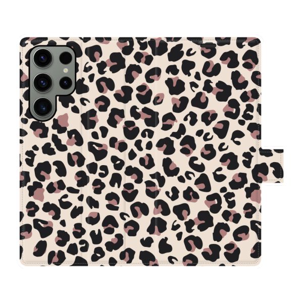 Volledig bedrukt Samsung Galaxy S23 Ultra portemonnee hoesje met Panterprint - Luipaardprint Beige Roze