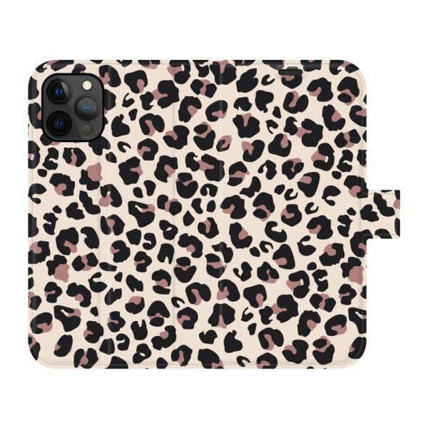 Volledig bedrukt iPhone 12 / 12 Pro portemonnee hoesje met Panterprint - Luipaardprint Beige Roze