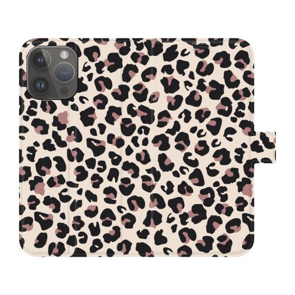 Volledig bedrukt iPhone 14 Pro Max portemonnee hoesje met Panterprint - Luipaardprint Beige Roze