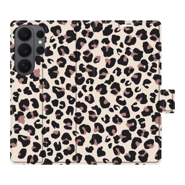 Volledig bedrukt Samsung Galaxy S26 Ultra portemonnee hoesje met Panterprint - Luipaardprint Beige Roze