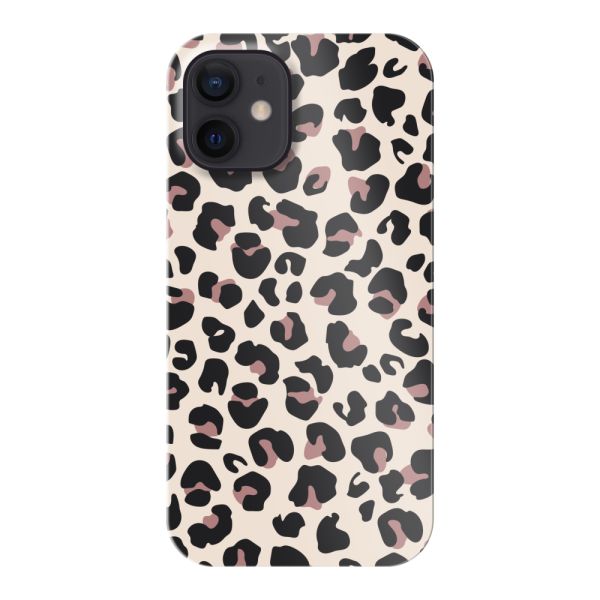 Volledig bedrukt iPhone 12 mini hard case hoesje met Panterprint - Luipaardprint Beige Roze Glossy