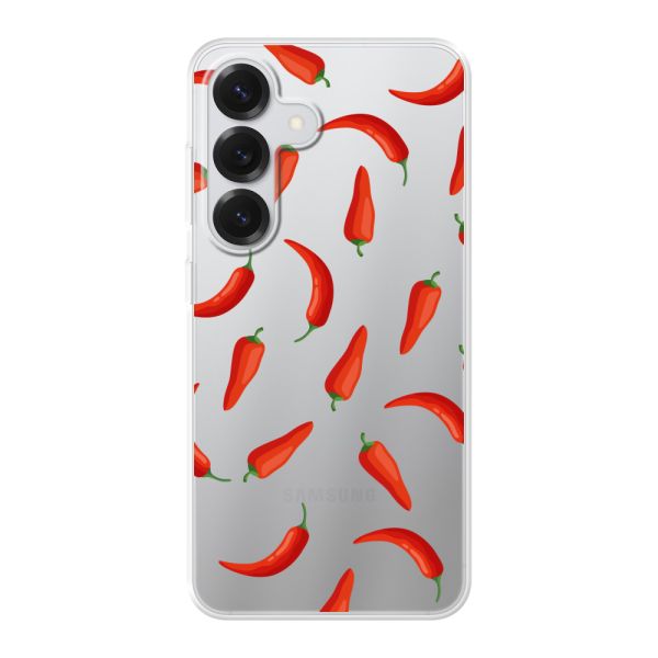Flexibel Samsung Galaxy S25 hoesje met Rode Pepers - Transparant Chili Pepper Patroon
