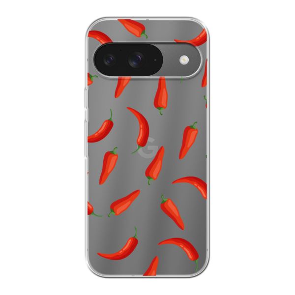 Flexibel Google Pixel 9 / 9 Pro hoesje met Rode Pepers - Transparant Chili Pepper Patroon