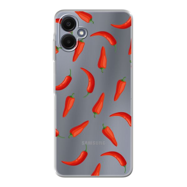 Flexibel Samsung Galaxy A06 hoesje met Rode Pepers - Transparant Chili Pepper Patroon
