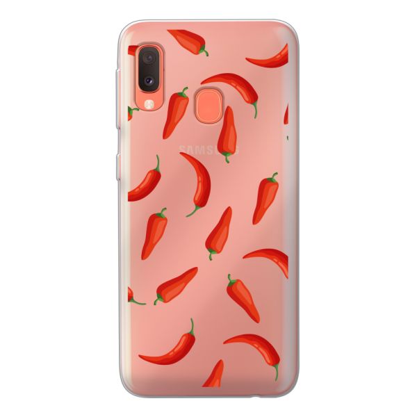 Flexibel Samsung Galaxy A20e hoesje met Rode Pepers - Transparant Chili Pepper Patroon